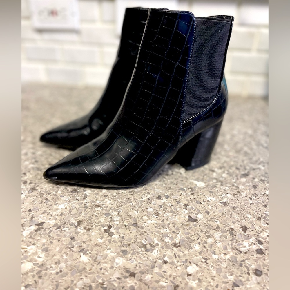 Black Booties - Pointed Toe Mid Block Heel (Croco… - image 1